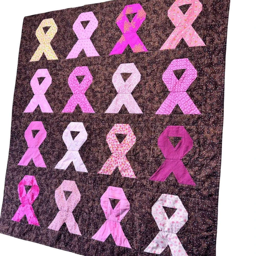 Quilt Breast Cancer‎ Awareness Handmade Ribbons of Hope Signed Brown Pink 60x42